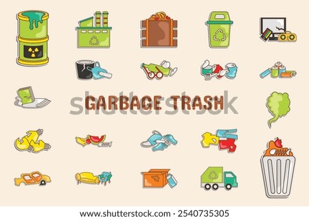 Garbage Trash Lineal Color Vector Illustration Icon Sticker Set Design Materials