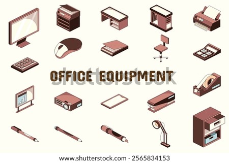 Office Equipment Lineal Color Vector Illustration Icon Sticker Set Design Materials