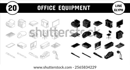 Office Equipment Line Glyph Vector Illustration Icon Sticker Set Design Materials