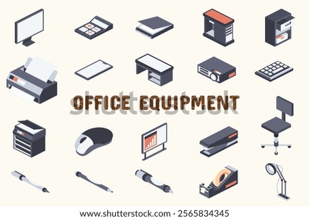 Office Equipment Flat Vector Illustration Icon Sticker Set Design Materials