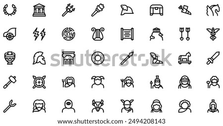 Greek Mythology Icons collection is a vector illustration with editable stroke, offering versatility and customization. Perfect for various design needs, it includes high-quality graphics.