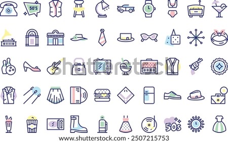 Fifties icons collection is a vector illustration with editable stroke.