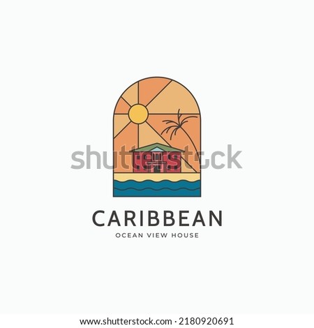 Caribbean beach house ocean front villa logo icon sign symbol vector illustration