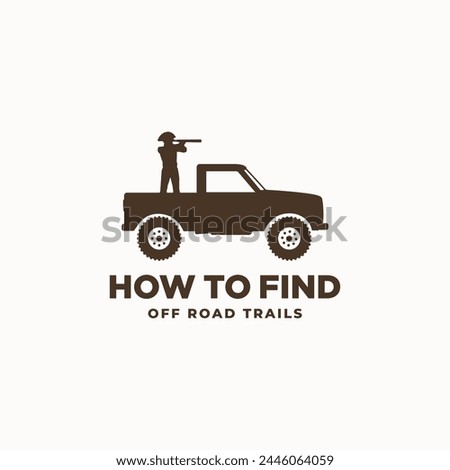 Man standing and looking through telescope on truck bed vector illustration. Creative offroad car logo design concept
