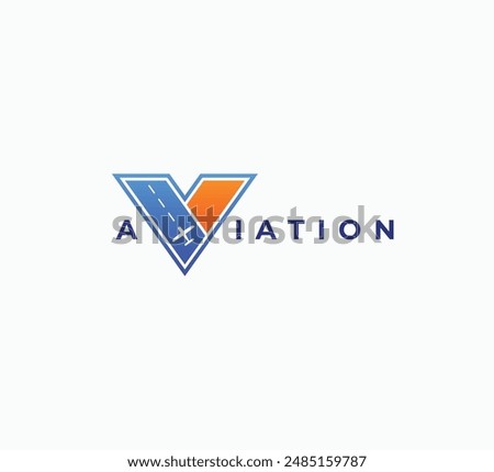 Letter V with aircraft and runway, aviation logo design concept. Modern V monogram transportation logo.