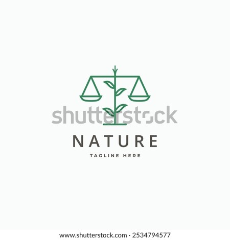 Justice scale with plant leaf nature law logo vector icon simple lines vector illustration.