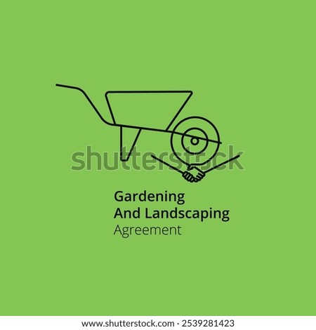 Wheelbarrow with hand shake line art logo Gardening contract, landscaping agreement, people, partnership icon