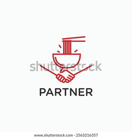 Noodle bowl with handshake line art outline symbol icon logo. Food business cafe restaurant partner logo design concept