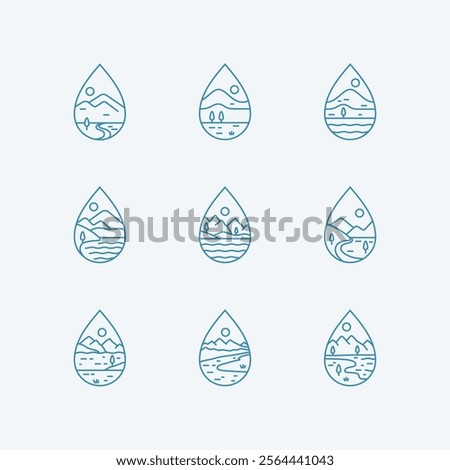 Mountain Water drop logo design concept. Water drop icons with mountain, nature river landscape line art outline sign symbol vector illustration. Editable stroke