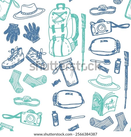 Vector white simple straight seamless doodle sketch pattern with objects for trekking and hiking. Suitable for textile, wallpaper and trekking brochures.