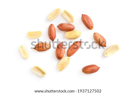 Unpeeled and peeled peanuts isolated on white background. Top view.