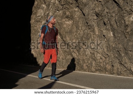Similar – Image, Stock Photo Serious man admiring mountain in nature