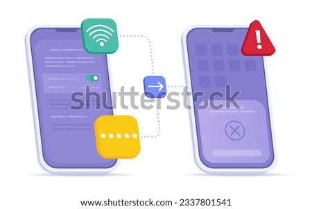 Mobile Hotspot Not Working concept. Error Safety Sharing Wifi Password. Problem with sharing Internet Connection Between Two Devices. Wi-Fi Issues  Isometric Icon. Setup screen and ui ux signs