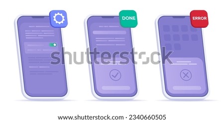 Phone Screen Interface 3D Kit: Settings Screen, Error and Success Messages. Mobile Settings Interface Menu, Error and Done Buttons Isometric Style. Popup Window Ui Design flat vector stock graphics