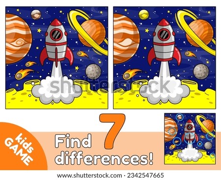 Educational kids game. Find 7 differences. Cartoon space rocket launch. Spaceship takes off from the surface of the moon on the background of the planets, stars and comets. Puzzle for children. Vector