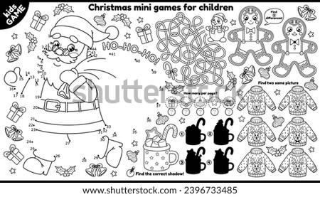 Vector Christmas games placement for children. Outline set with Santa running with bag of gift, gingerbread man, Xmas sweaters. Coloring. Kids activity mat. Maze, connect the dots, find differences.