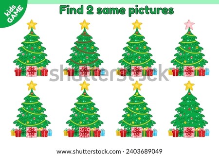 Educational kids game. Find 2 same picture with big Christmas tree. New Year spruce with gifts decorated star and Xmas tree decorations. Puzzle for children. Holiday winter activity book. Vector.