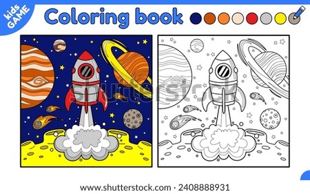 Page of the kids coloring book. Color the cartoon space rocket launch. Spacecraft takes off from the surface of the Moon on the background planets, stars. Activity for children. Vector outline design.