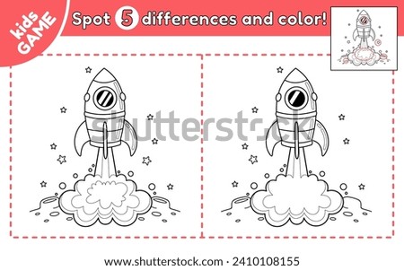 Kids educational game Find 5 differences. Spot differences and color the space rocket launch. Spaceship takes off from the planetary surface. Puzzle and coloring page for children. Vector outline.