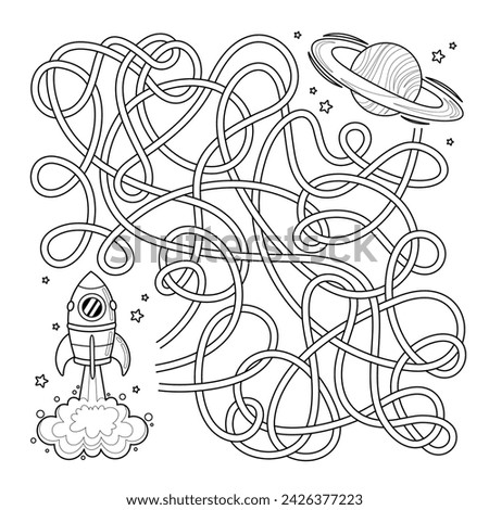 Outline maze kids game. Kids contour Labyrinth puzzle for children. Help the spaceship taking off find way to the planet Saturn. Cartoon space rocket launch. Vector design perfect for coloring page.