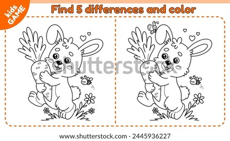 Kids game Find 5 differences with rabbit carries big carrot. Cute hare brings carrot. Spot the differences. Educational activity book. Vector outline puzzle with cartoon animal for education children.