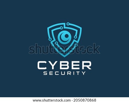 Abstract Cyber Security Logo Line. Blue Light Shield Icon Linear Style with Eye Lens Camera Combination isolated on Blue Background. Flat Vector Logo Design Template Element.