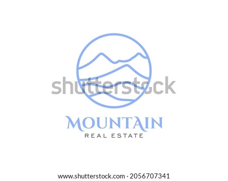 Abstract Mountain Logo. White Shape Mountain Silhouette with Outline Style Combination isolated on Tidewaters White Background. Flat Vector Logo Design Template