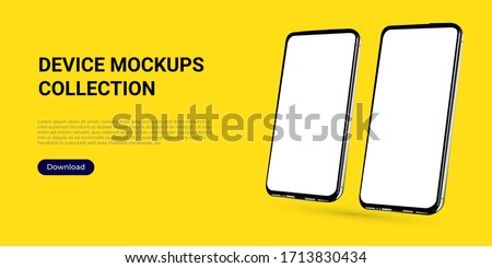 Realistic template mock up of two rotated angled smartphones for web design, webpages, banners, landings, presentations. Perspective view