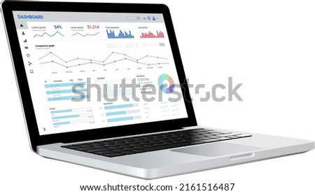 Realistic laptop with dashboard for sales or marketing vector mockup perspective rotated view for website presentation ui ux