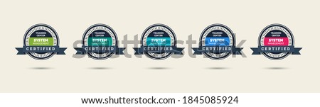 Set of company training badge certificates to determine based on criteria. Standard verified modern vintage colorful vector illustration.