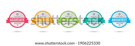 Certified badge logo design for company training badge certificates to determine based on criteria. Set bundle certify with colorful ribbon vector illustration.