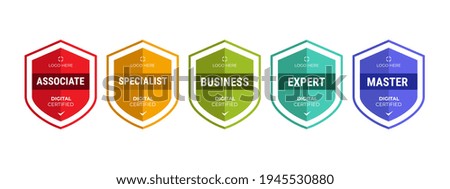 Certified logo badge shield design for company training badge certificates to determine based on criteria. Set bundle certify with colorful security vector illustration.