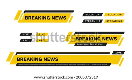 Yellow Lower Third TV News Bars Set Vector. News alerts, video streaming. Breaking, fake, sports news. Interface mark. The template mockup is editable and ready for your designs. Vector illustration.