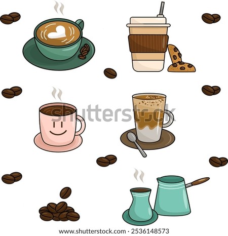 
Set of coffee stickers. Different mugs with espresso, cappuccino, latte, cookies, coffee beans. Doodle minimalist flat clip art. Ideal for coffee shop, card, print, adds design