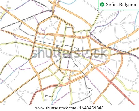 Map of Sofia, Bulgaria. DLR and cross rail map design template. Live strokes included. Underground map included. Vector illustration. City transportation vector complex grid. 
