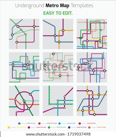 Subway tube map - set of 9 patterns. City transportation vector grid scheme. Metro underground map. DLR and crossrail design template. 