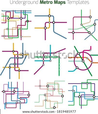 9 metro maps tube subway schemes. City transportation vector complex grid. Underground map. DLR and crossrail map design template. Live strokes included.
