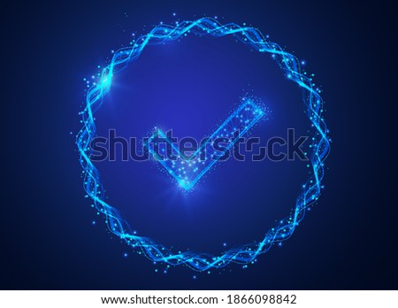 Wireframe of geometric checkmark polygonal design. Low poly wireframe digital vector illustration. Accepted, Approved, Yes, Right, Green, Correct. Futuristic concept on blue background.