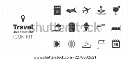Travel and tourism icon kit collection with flat simple icons with passport, cocktail, unfolded map, suitcase, hiking trail, food and drinks, and more.