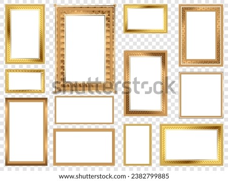 Empty painting or picture frame with golden engraved and carved wooden borders. Set of decorative retro ornamental detailed picture frames on a transparent background.