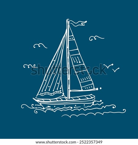 Sailing yacht, vector drawing. Illustration of the floating yacht, seascape, and ocean waves on the sea.