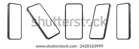 different positions phone mockup, 3D illustration design, prespective, front,back and side view mobile phone