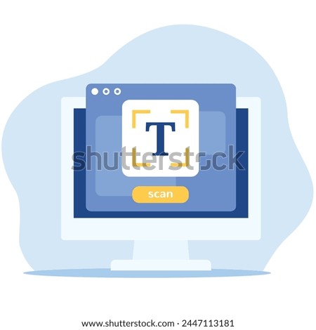 text scan vector icon with a computer.
blue background and white computer with text scan scren.