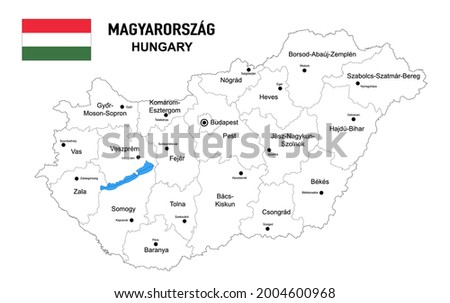 Map of Hungary to color in,
with flag, federal states, cities and capitals,
Vector illustration isolated on white background
