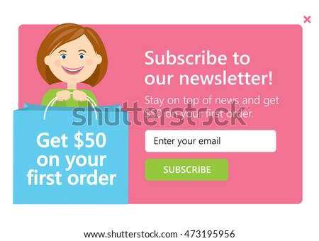 Vector template for email subscribe with cartoon woman. On shopping theme.