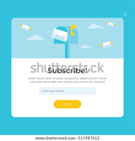 Vector template for email subscribe. With flying envelopes and mailbox.