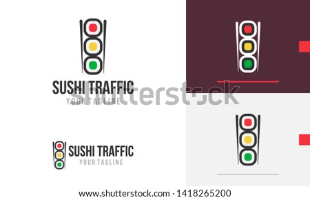 Sushi Traffic Light Logo design, Traffic light design concept, sushi roll with chopstick, sushi restaurant