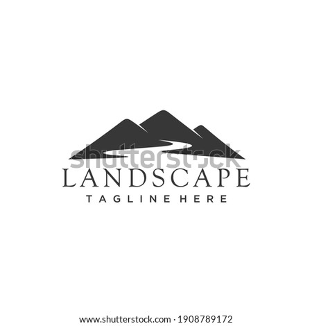 Minimalist landscape hills, mountain peaks river creek silhouette logo design vector