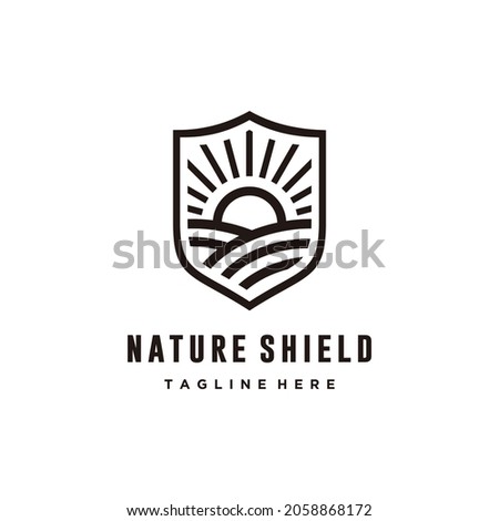 Farm, sun and shield line art logo design vector 