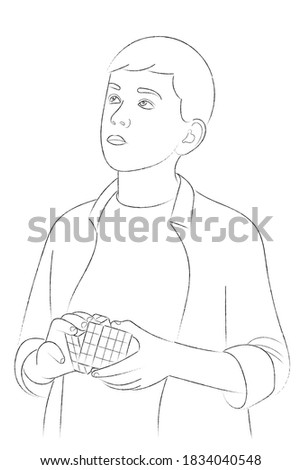 Sketch portrait of a boy who is thinking about something and with a Rubik's cube in his hands